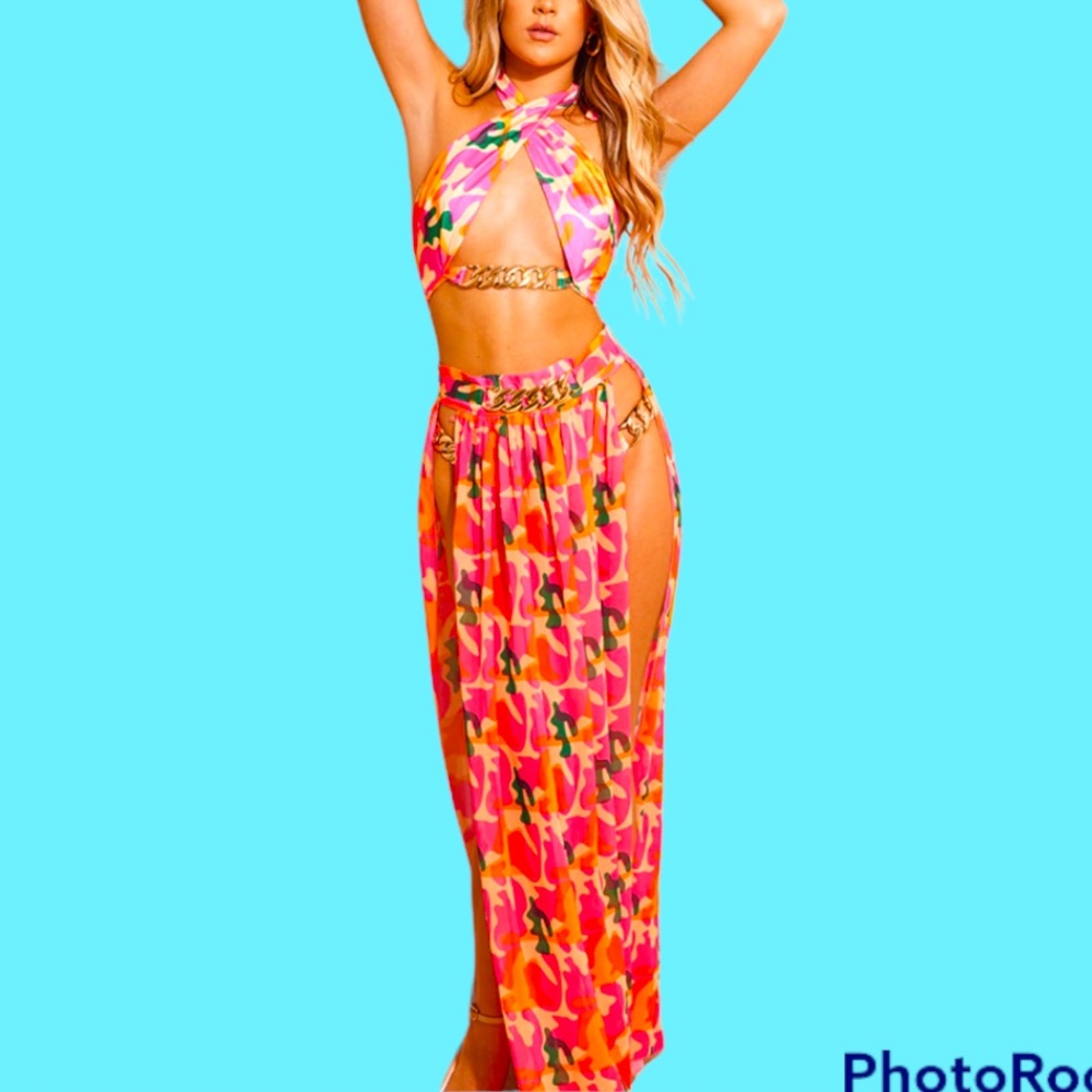 NWT Pink Abstract Leopard Chiffon Chunky Chain Beach Skirt